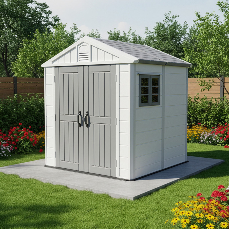 Abri De Jardin En Résine 4,10 M² - Structure Aluminium, Toit Plat Skylight - Plancher Inclus - Gris Clair - 10
